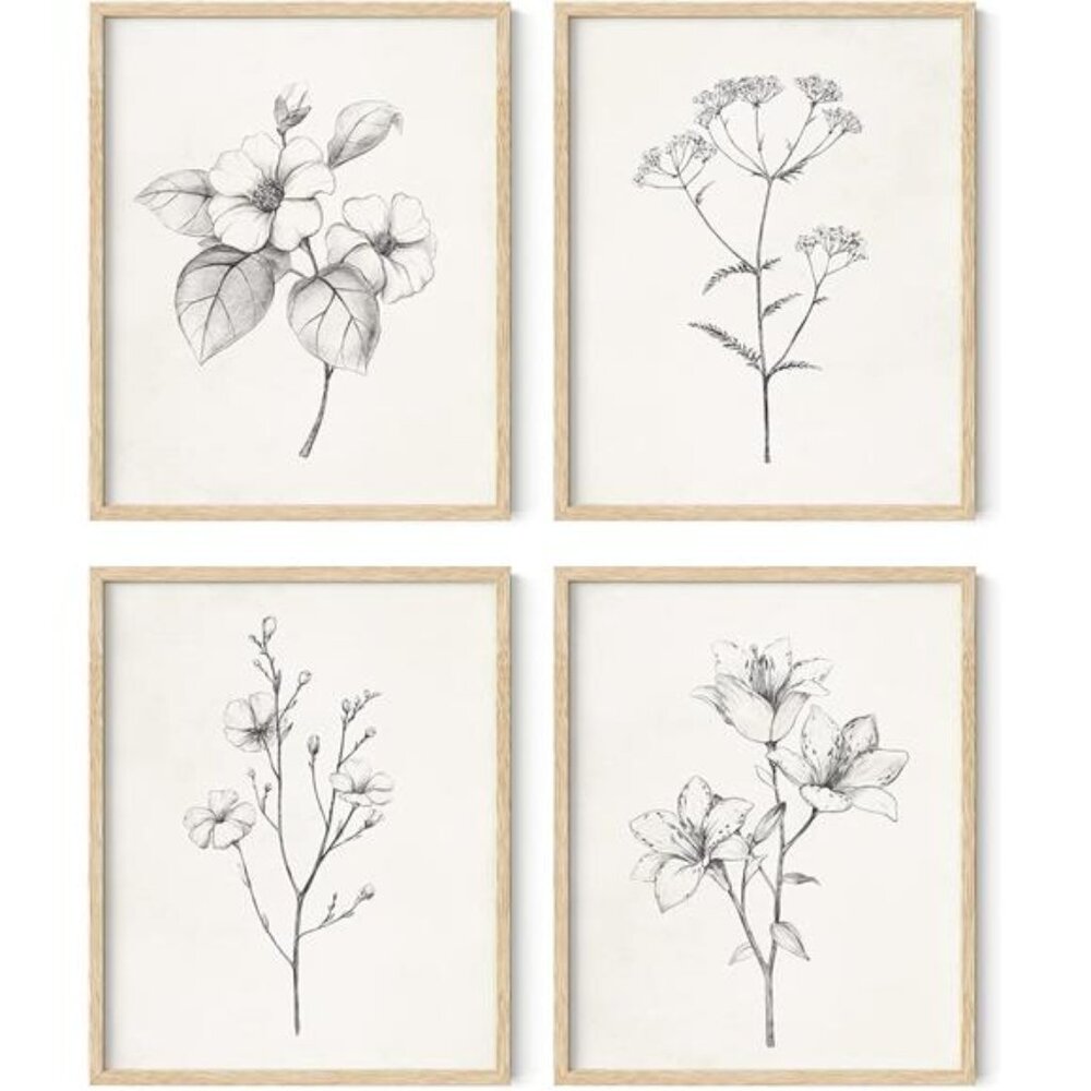 Grey Floral Wall Art - Set of 4 Plant Posters for Wall Vintage, Botanical Prints